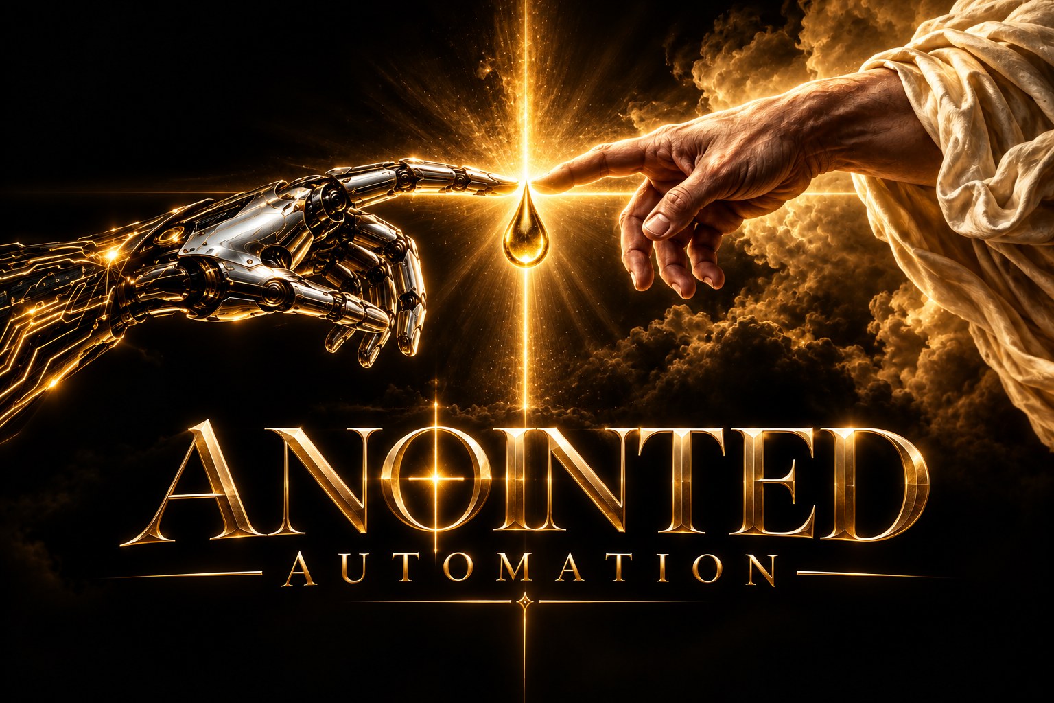 Anointed Automation brand artwork featuring a human hand and robotic hand reaching toward a golden cross
